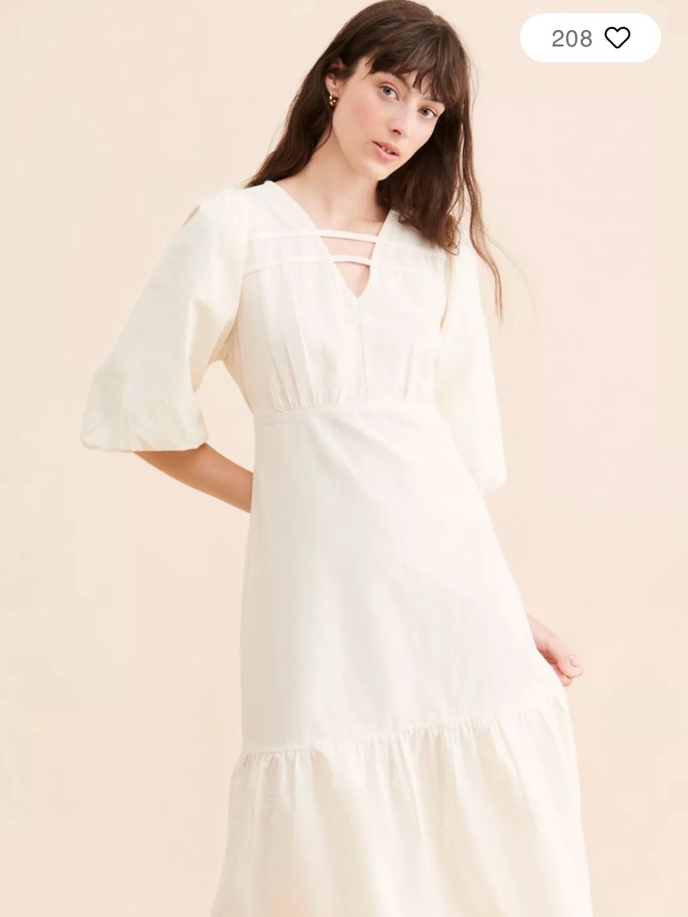 NATIVE YOUTH Cream V‑Neck Peasant Dress with Puff Sleeves